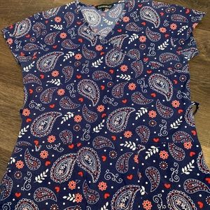Red white and blue paisley scrub top